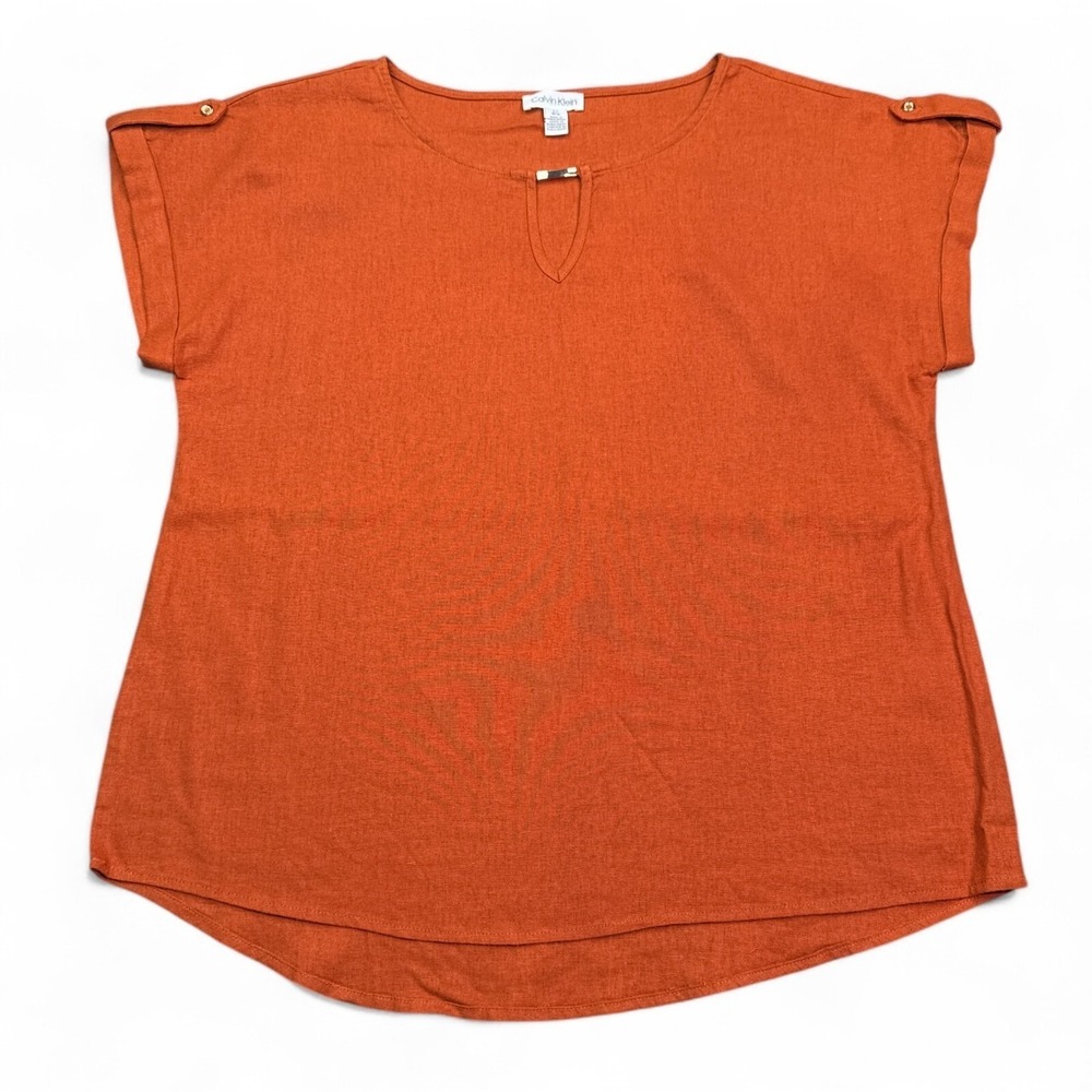 Calvin Klein CK Linen Blend Blouse‎ Top Womens Size Large Burnt Orange Casual